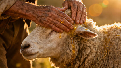 Shepherd's Gentle Care: A shepherd's weathered hands tenderly caress the head of a sheep, illuminating the compassion and gentle connection between them. A warm, golden light bathes the scene.