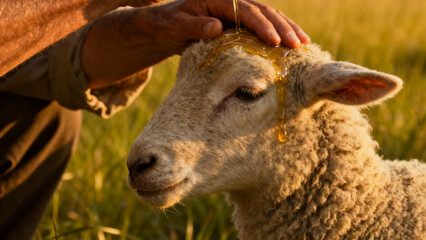 Gentle Touch: A close-up of a farmer tenderly caressing the head of a lamb, a gesture of care and affection within the idyllic rural landscape.
