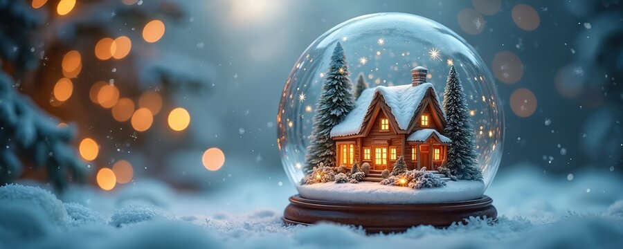 Winter scene in snow globe featuring cozy house, pine trees. Snowflakes fall gently around glass sphere, creating magical holiday atmosphere. Warm lights glow from windows, offering sense of comfort,