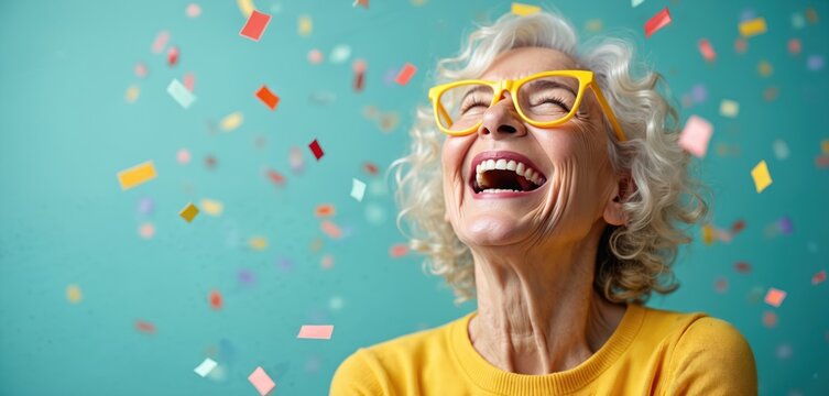 Happy senior woman in yellow glasses laughs loudly. Colorful confetti falls around. Celebrates with pure joy, excitement against vibrant blue background, expressing happiness, fun. Elderly lady
