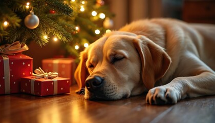 Labrador dog sleeps peacefully near decorated Christmas tree and gift boxes. Warm lights create cozy festive atmosphere for pet relaxation during winter holidays at home.