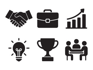 Silhouette of business success icons depicting partnership briefcase growth charts ideas awards and teamwork illustrated in black