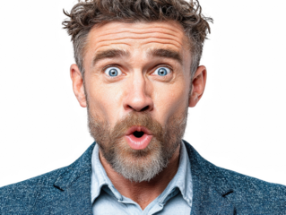 Surprised man with open mouth looking at camera isolated on white background