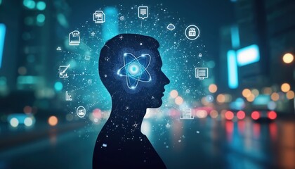 Man silhouette with educational icons hologram shows online learning. Atom symbol inside human brain visualizes science, tech innovation. Person studies remotely with digital network in futuristic