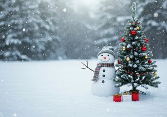 Naklejka premium A cheerful winter landscape with fresh snow covering the ground, featuring a smiling snowman wearing a scarf next to a decorated fir tree ,Icy ,Tree ,Flakes