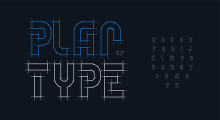 Architecture condensed bold font logo type alphabet blueprint architect typography wireframe plan scheme letters for architectural projects title text, real estate developer branding. Vector typeset © artyway