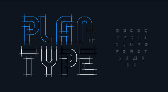 Architecture condensed bold font logo type alphabet blueprint architect typography wireframe plan scheme letters for architectural projects title text, real estate developer branding. Vector typeset