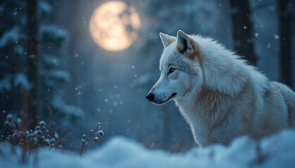 Obraz premium White wolf in profile stands in snowy forest at night under bright full moon. Snowflakes gently fall through cold air. Arctic animal watches environment, beautiful wild predator in serene winter