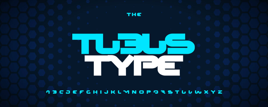 Bold Futuristic Font, Wide Heavy Alphabet on Hexagonal Background Blue Honeycomb Pattern. Minimal Geometric Type for Sport, Data Science, Cyber Security, Innovative Tech Logo Headline. Vector Typeset