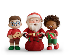 Cartoon Santa Claus with Children and Presents
