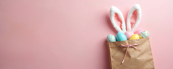 Easter gift bag with bunny ears holds colorful decorated eggs. Simple brown paper bag tied with pink ribbon sits on pastel pink backdrop. Celebratory spring holiday mood.