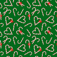 Seamless festive pattern Christmas candy canes with red and white stripes curved peppermint sticks on a green background