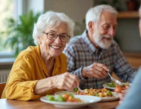 Happy senior couple enjoy dinner at home. Elderly woman with white hair smiles at camera, man eats meal. Grandparents gather for family lunch, sharing food and laughter at dining table. - Powered by Adobe