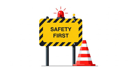 A yellow safety first sign with a flashing red light and a red and white striped cone next to it