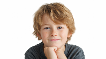 Portrait of a cute young boy with blond hair smiling confidently isolated on white background