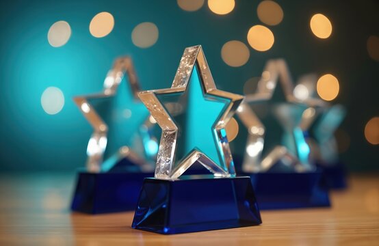 Star shaped awards on table represent achievement. Trophies showcase success in business. Corporate recognition at a company event. Winners will receive these prizes for excellent results.