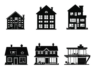 Black house silhouette icon set of modern and traditional home designs