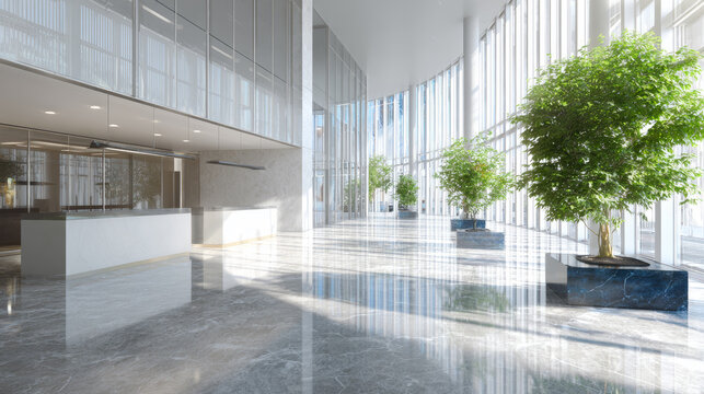 Modern Atrium with Reception Desk and Potted Trees