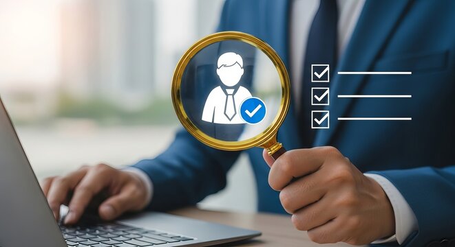 A businessman analyzing data with a magnifying glass, highlighting the importance of verification and evaluation.