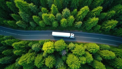 Obraz premium White truck drives on asphalt road through lush green forest. Aerial view shows modern transport on path between dense trees. Eco friendly logistics, sustainable journey, freight service.
