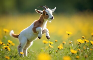 Fototapeta premium Small white and brown baby goat jumps high in field of yellow flowers. Cute kid animal plays outdoors in green grass meadow, enjoys sunny day. Farm life joy.