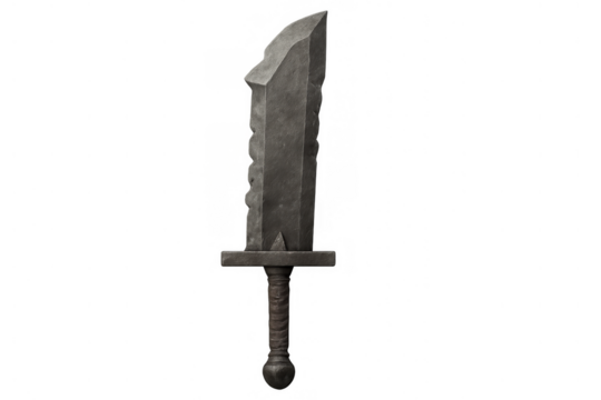 Fantasy medieval sword made of stone or rock with rugged blade and wrapped hilt, isolated weapon asset