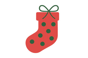Christmas stocking illustration in red and green with polka dots, festive holiday gift sock on transparent background