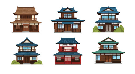 Set of vector illustrations of traditional Japanese houses with wooden details and tiled roofs, ideal for cultural design, travel themes, architecture concepts, or educational projects © meeblues