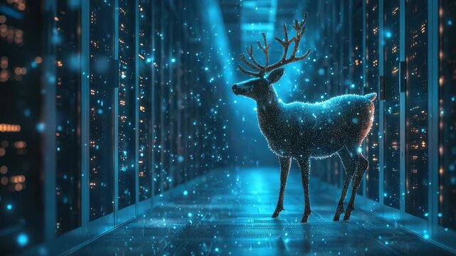 A silver reindeer stands in a data center filled with glowing blue lights. The background features a transparent area for advertising, emphasizing digital technologies and Christmas themes.