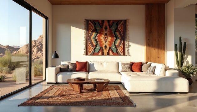 Modern living room with southwestern desert style design. White sectional couch faces large windows with mountain views. Geometric tapestry hangs on wall above cushions. Coffee tables sit on ornate