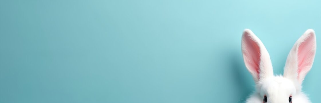 White rabbit ears peek from side against light blue backdrop. Minimalist Easter theme, perfect for greeting cards, spring promotions or animal lovers seeking cute content.