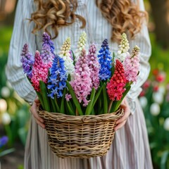 Obraz premium In the hands of a woman is a wicker basket with hyacinths. Bright flowers are a gift for March 8th. A postcard for the women's holiday.