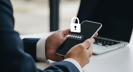 A businessman securing his smartphone with a password lock in a professional setting.