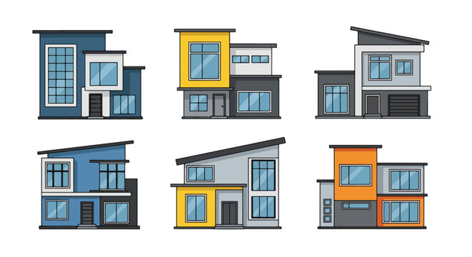 Set of vector illustrations of modern contemporary houses with geometric designs and large windows, perfect for real estate, architecture, construction, and home design projects