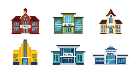 Set of vector illustrations of school buildings with classic architecture, ideal for education design, learning materials, back-to-school campaigns, and academic-related projects