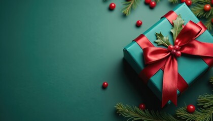 Teal Christmas present with red ribbon and holly decor. Festive gift box sits on dark green background with pine branches and berries. Surprise holiday package for winter celebration.