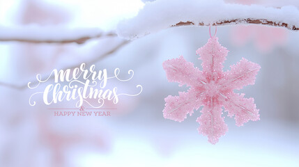 "Merry Christmas and Happy New Year" text and  pink Christmas snowflake ornament hanging  from a snow-covered branch. 