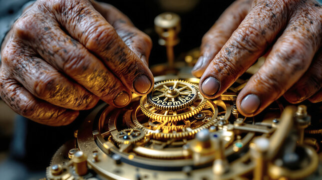 Macro photography of an elderly clockmaker's hands, stained with oil, gently placing the tiny, intricate cogwheel of "December" into a complex, glowing brass mechanism. Cinematic lighting. - Powered by Adobe