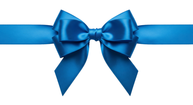 Elegant shiny blue satin ribbon tied in a beautiful bow for gift wrapping, decoration, or celebration like birthdays and holidays. Isolated on transparent background, png