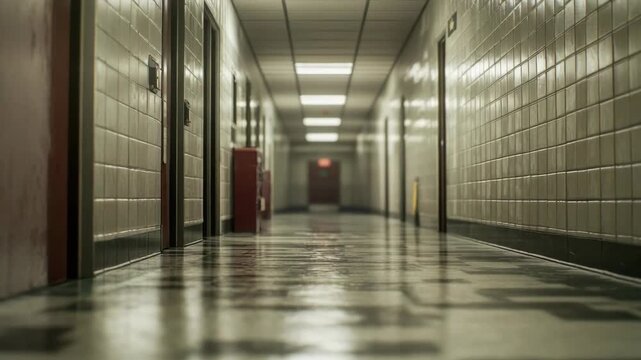 A long, dark school corridor illuminated by ceiling lights and reflecting the absence of students.
