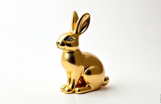 Shiny gold rabbit figurine sits on white surface, its metallic sheen reflects light. Simple statue, elegant decorative object, suitable for Easter or Chinese New Year themes.