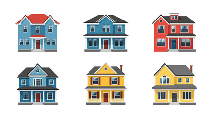 Set of vector illustrations of classic American houses in various architectural styles, ideal for real estate design, home construction, neighborhood planning, and property marketing projects