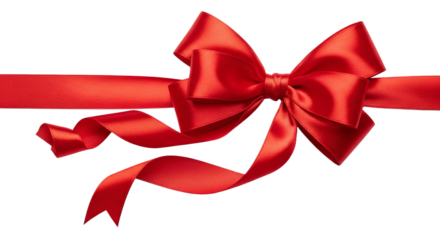 Realistic red gift ribbon bow made of shiny satin fabric, a beautiful decorative element for holiday presents and celebrations. Isolated on transparent background, png