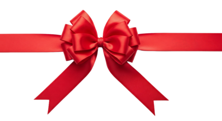 A beautiful red satin gift bow and a long horizontal ribbon for decorating presents. Isolated on transparent background, png