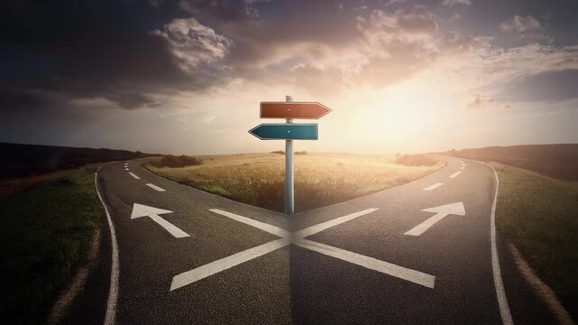 Split road and signpost with arrows showing two different courses, left and right directions for choice. Roadway fork junction, difficult decision concept	