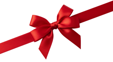 Elegant red satin gift bow with a tied ribbon placed diagonally for festive decoration or presents. Isolated on transparent background, png