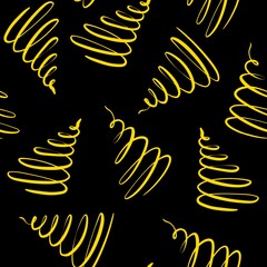 Seamless minimalist pattern with hand drawn abstract Christmas trees or spirals golden yellow on a black background.	