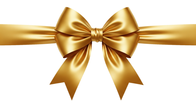 Elegant gold satin gift bow with ribbon for holiday presents or festive celebration decoration, beautifully tied and shiny. Isolated on transparent background, png