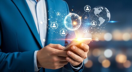 A businessman in a blue suit using a smartphone, surrounded by digital icons representing global connectivity and networking.