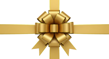 Elegant golden gift bow with shiny ribbon, a realistic decorative element for presents and celebrations. Isolated on transparent background, png